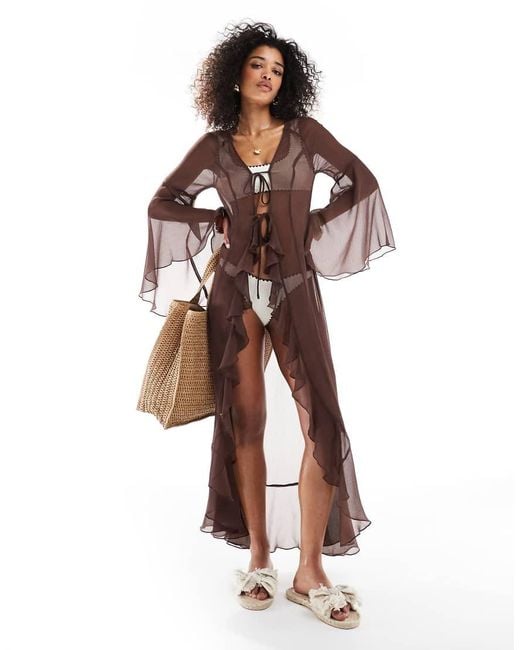 Miss Selfridge Brown Beach Chiffon Maxi Kimono Cover Up