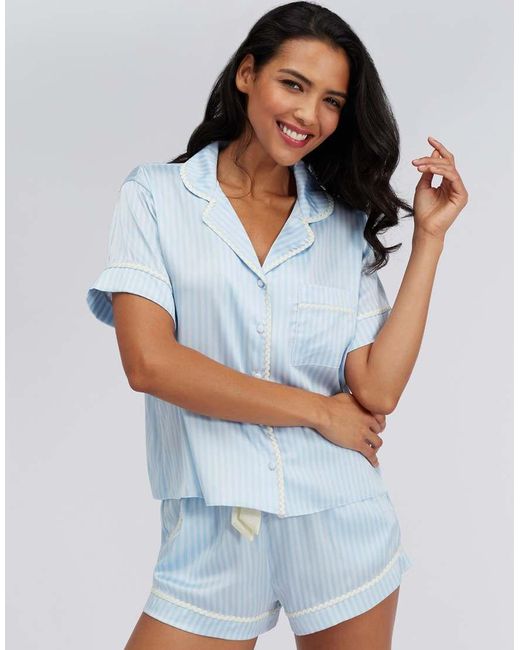 Boux Avenue Blue Striped Satin Short Pyjama Set Relaxed Top And Shorts Pj