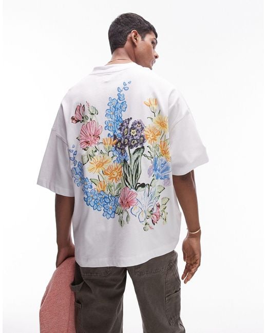 Camiseta blanca extragrande con estampado digital floral en la parte delantera y trasera premium Topman de hombre de color White
