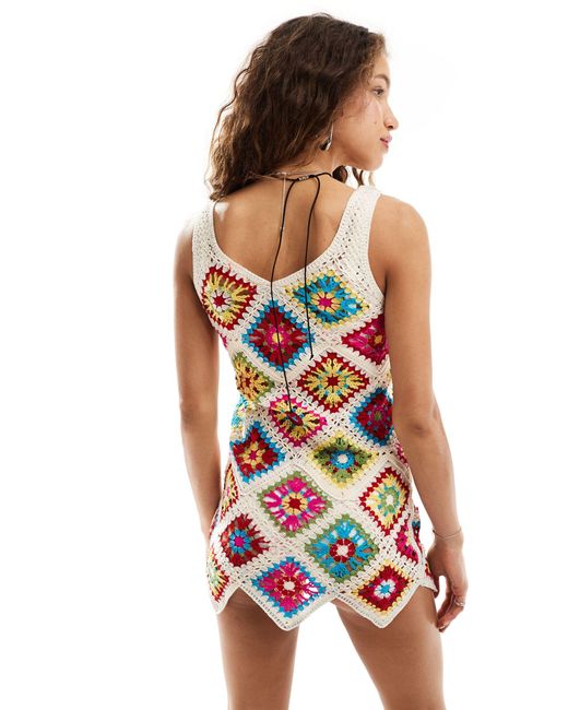 Daisy Street White 70s Open Knit Crochet Patchwork Mini Dress