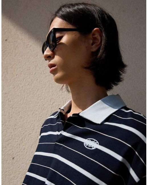 Bershka Blue Embroidered Stripe Short Sleeve Polo Shirt for men