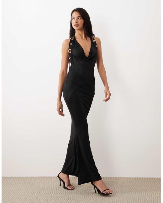 Murci Blue Slinky Halterneck Extreme Cowl Front Eyelet Detail Low Back Maxi Dress