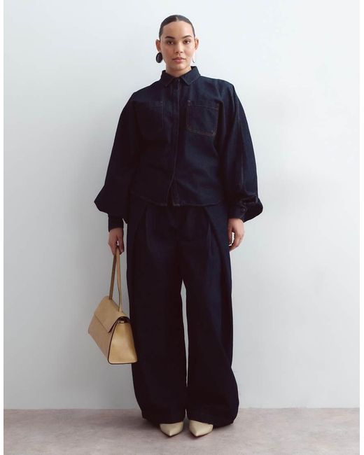 ARRANGE Blue Curve Denim Shirt Co-Ord With Volume Sleeves