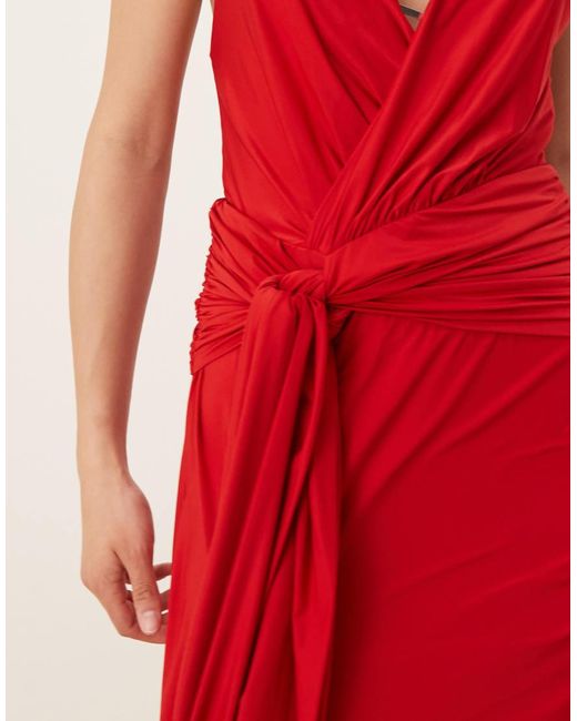 Abercrombie & Fitch Red Halter Neck Elevated Jersey Knot Front Maxi Dress