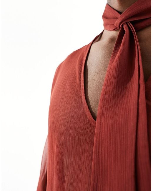 ASOS Red Relaxed Deep V Neck Shirt With Attached Tie Neck for men