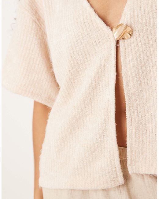 ASOS Natural Fluffy Chenille Short Sleeve Cardigan With Gold Detail Button