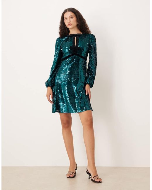Lovedrobe Blue Fully Embellished Velvet Bow Detail Mini Dress