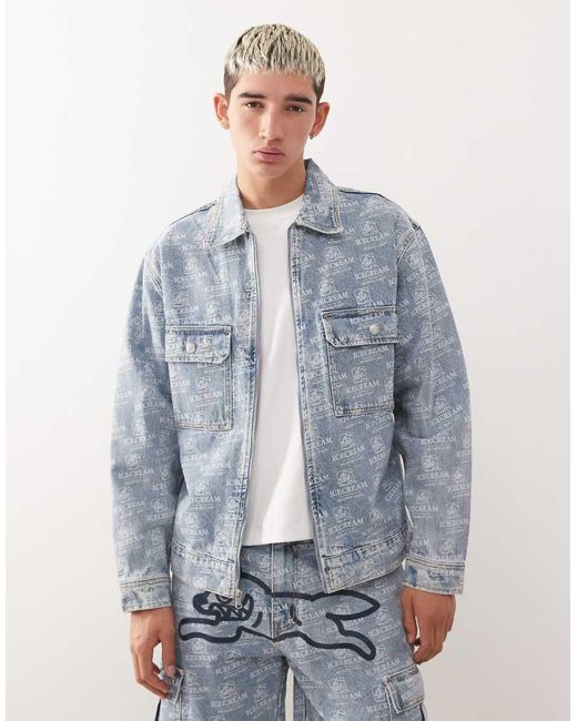 Chaqueta Vaquera De Estilo Camionero Con Lavado Y Estampado Integral De Perro Corriendo De Ice Cream (Parte De Un Conjunto) ICECREAM de hombre de color Blue