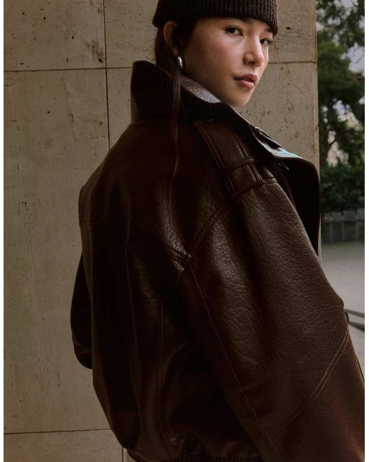 Bershka Brown Leather Effect Funnel Neck Jacket