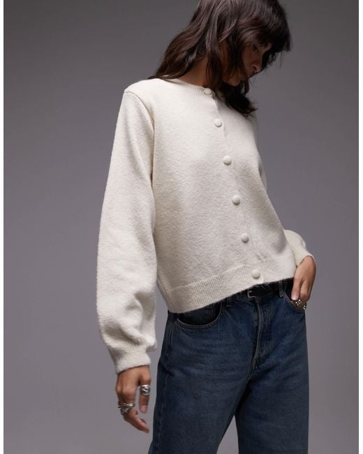 ASOS Women's White Fluffy Knitted Cardigan With Blouson Sleeve Detail