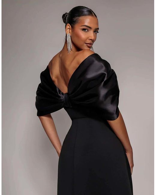 Goddiva Brown Off Shoulder Back Satin Bow Mini Dress