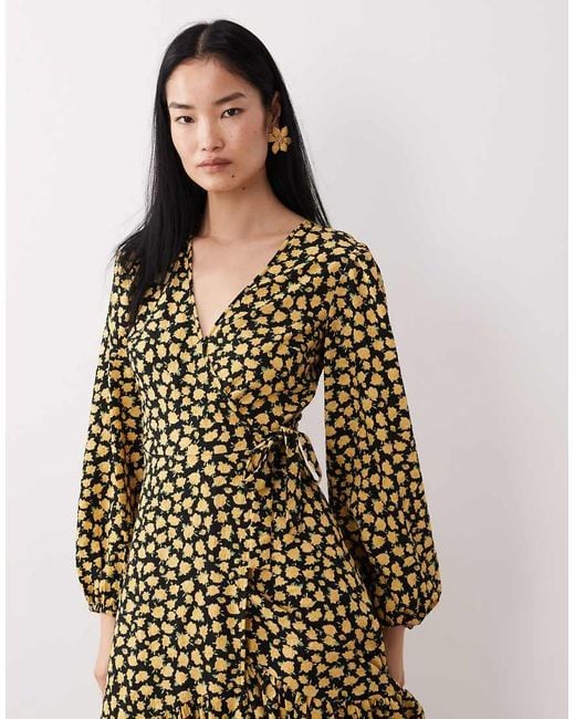 Wednesday's Girl Natural Long Sleeve Wrap Around Midaxi Dress
