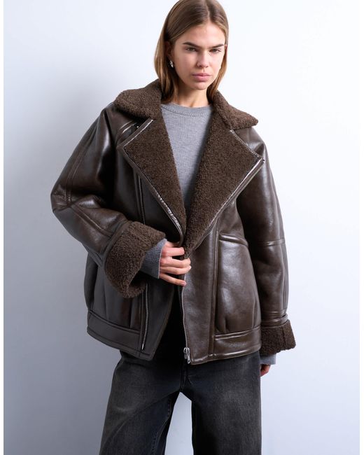 TOPSHOP Brown Vintage Wash Faux-shearling Aviator Bomber Jacket