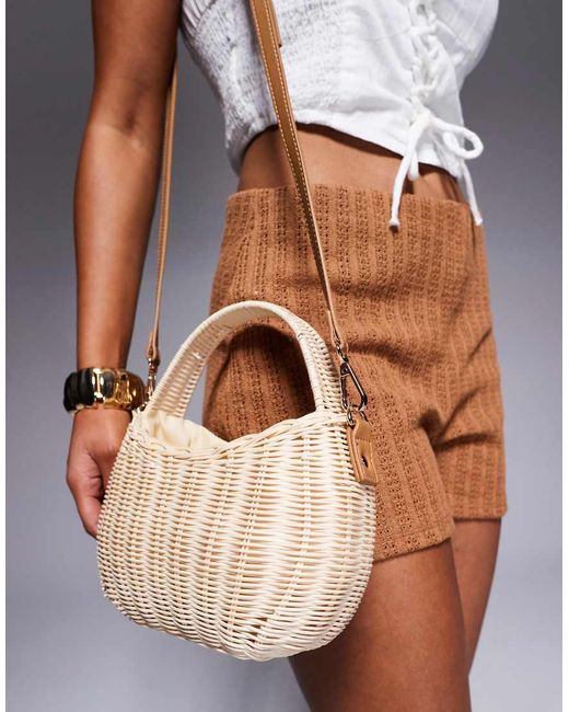 South Beach Brown Structured Wicker Bag With Crossbody Strap