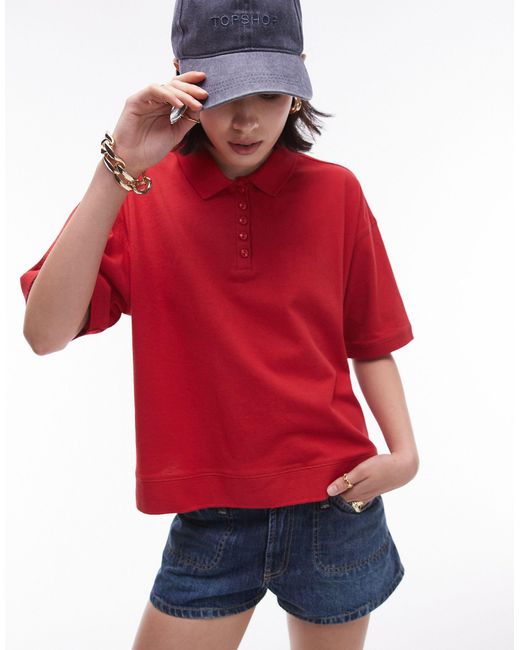 TOPSHOP Red Boxy Polo Top
