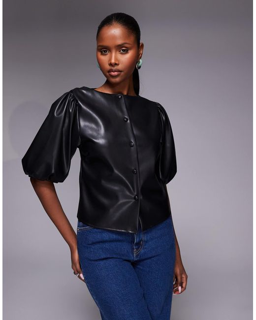 ASOS Blue Pu Puff Sleeve Button Through Top