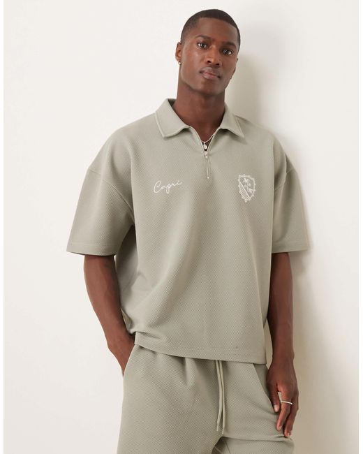 Polo ultra épais coupe carrée oversize à épaules tombantes et broderie sur la poitrine et short - kaki texturé ASOS pour homme en coloris Brown