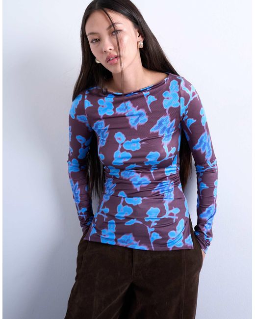 TOPSHOP Blue Abstract Floral Print Slash Neck Long Sleeve Top