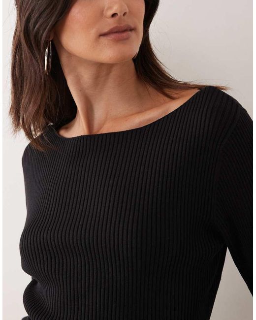Miss Selfridge Black Rib Knit Slash Neck Flare Sleeve Top