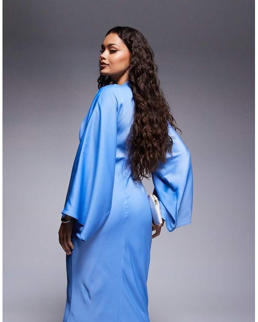 ASOS Blue Asos Design Petite Wrap Front Batwing Satin Bias Maxi Dress