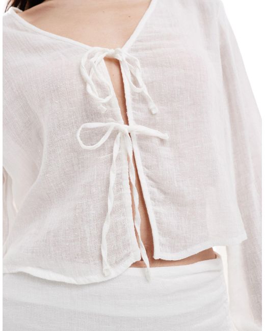 Pull&Bear White Linen Blend Tie Front Shirt Co-ord