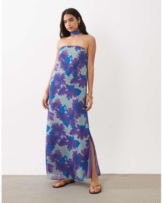 Mango Blue Teen Neck Detail Off Shoulder Maxi Dress