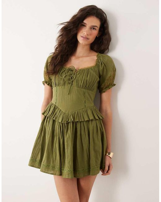 Miss Selfridge Green Cheesecloth Lace Detail Milkmaid Dress