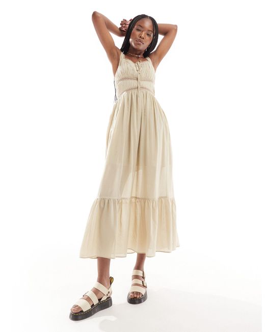 ASOS Natural Maxi Prairie Sundress With Lace Trim And Ruching Detail