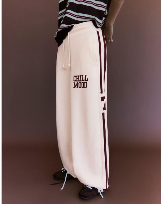 Bershka White Embroidered Wide-Leg Plush Trousers