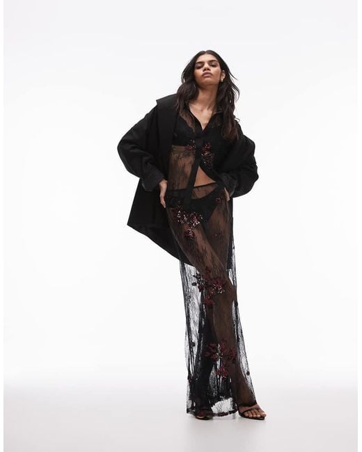 TOPSHOP Black Embellished Lace Maxi Skirt