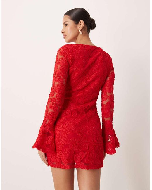 Gina Tricot Red Long Sleeve Embroidery Mini Dress With Open Back