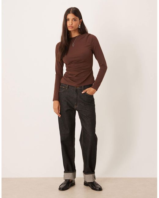 Top en coton froncé à manches longues - chocolat ASOS en coloris Brown