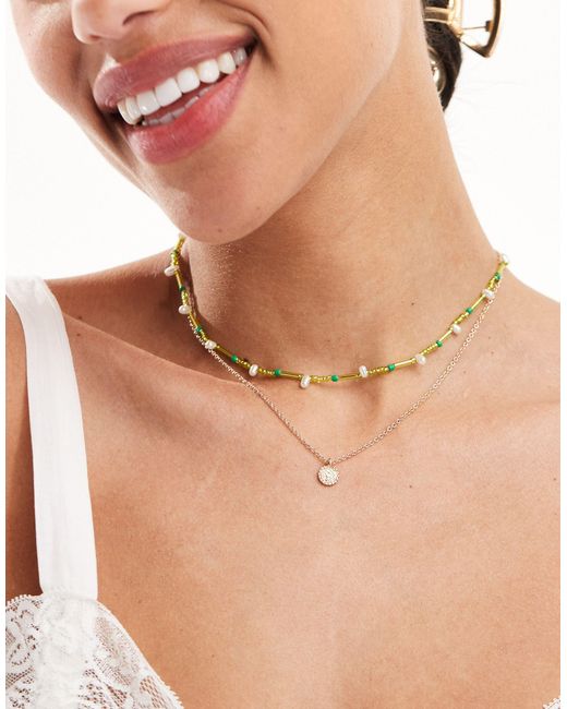 ASOS Brown Pack Of 2 Necklaces With Green Bead And Disk Design