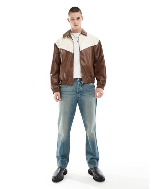 ASOS Brown Oversized Faux Leather Bomber Jacket With Cut And Sew Detail for men