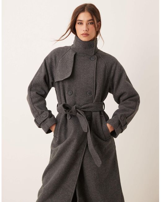 New Look Gray Tie Waist Funnel Neck Coat