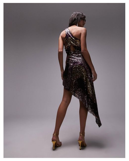 TOPSHOP Gray Asymmetric One Shoulder Swirl Sequin Midi Dress