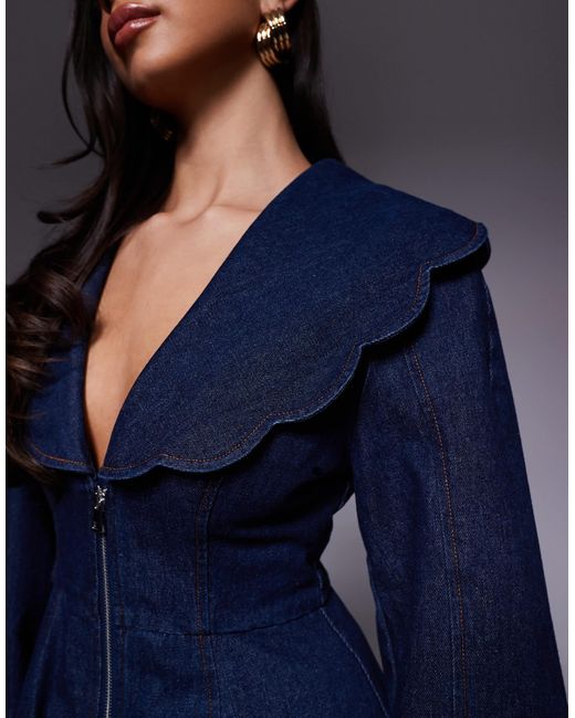 asos denim dress ASOS LUXE Curve denim long sleeve baby doll mini dress with bow back in blue