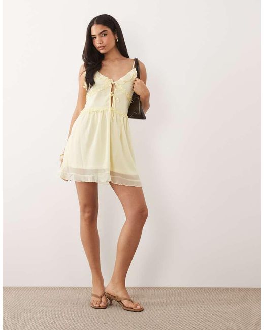 Vila Natural Tie Front Cami Mini Dress With Frill Trim