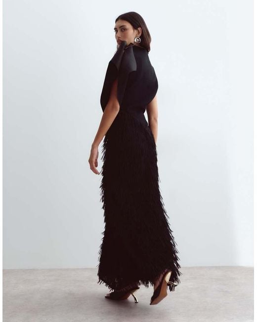 ARRANGE Black Asymmetric Neckline Hybrid Fringe Skirt Maxi Dress