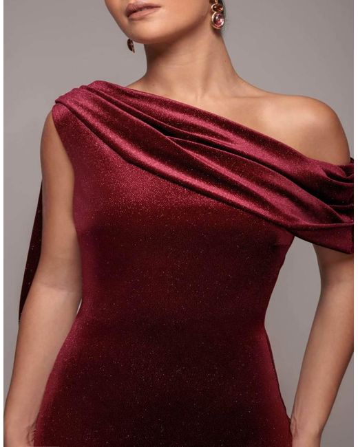 Goddiva Red Glitter Velvet Sash One Shoulder Bardot Maxi Dress