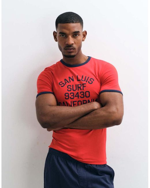 ASOS Red Muscle Fit Ringer T-shirt With Surf Print for men