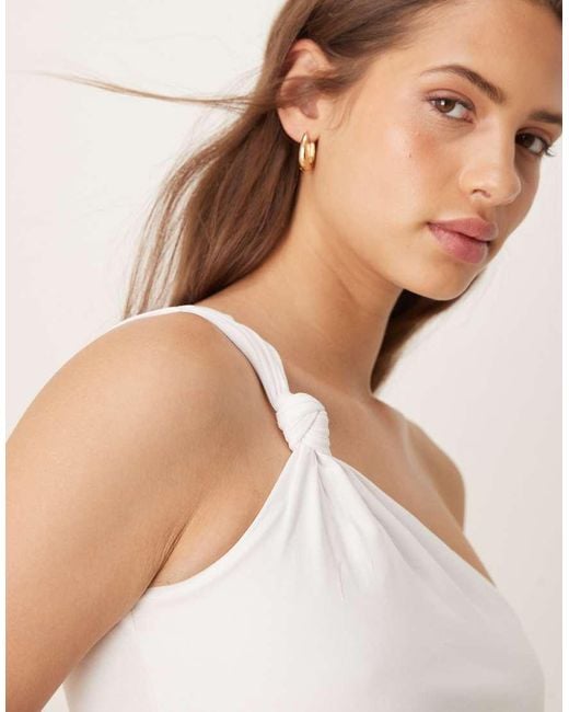 Mango White Jersey One Shoulder Twisted Knot Detail Top With Ruched Cinch Waist
