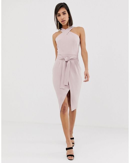 Lavish Alice Pink Halter Neck Wrap Front Midi Dress