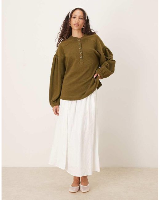 ASOS Green Long Sleeve Waffle Henley With Puff Sleeve Detail