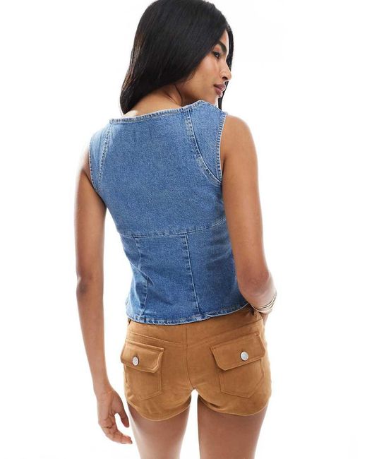ASOS Blue Asos Desgin Denim Zip Through Square Neck Top