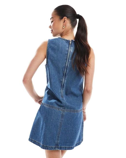 ASOS Blue Denim Sleeveless Mini Dress With Pleated Drop Waist