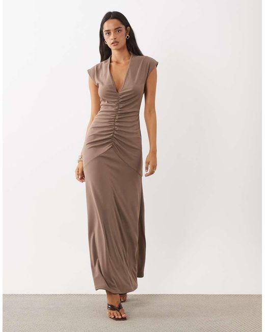ASOS Brown Ruched Waist Deep V Maxi Dress