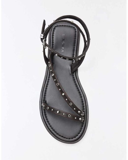 Bershka Brown Multi-strap Studded Flat Slider Sandals
