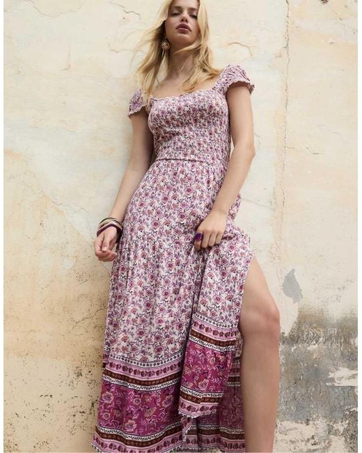 Stradivarius Pink Flowy Long Printed Dress
