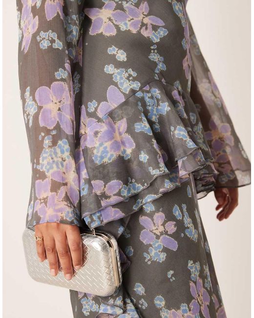 ASOS Gray Asos Design Curve Long Sleeve Frill Hem Chiffon Maxi Dress